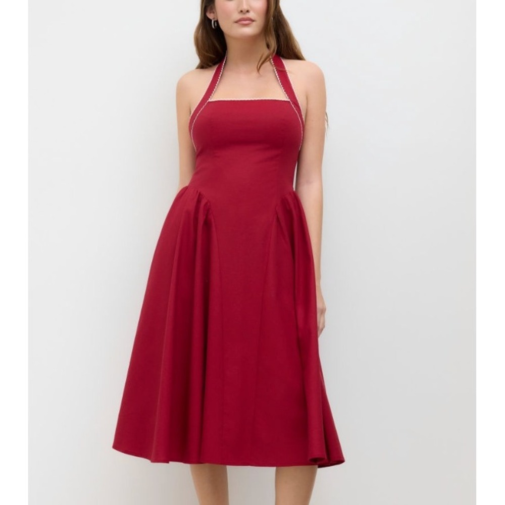 Cider Linen Blend Halter Midi Dress XS Ruffle Cottage Retro Pinup Fit Flare Red